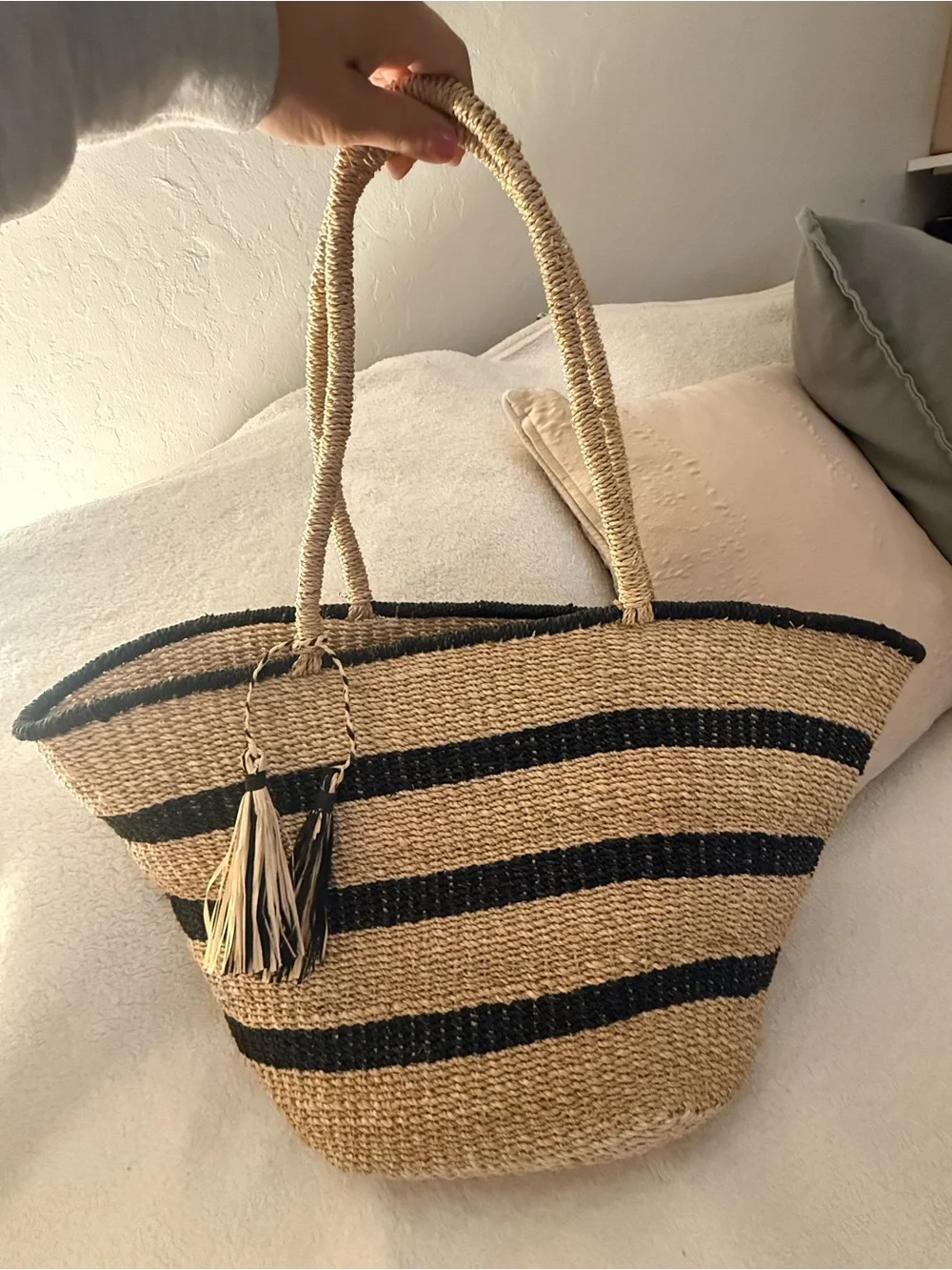 KAYU Striped Straw Tote Bag with Tassels, KAYU beach bag